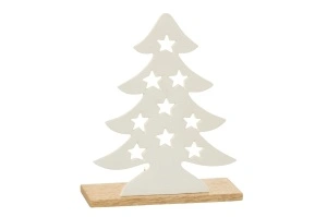 Suport pentru lumanare brad de Craciun, alb/natur, din lemn si metal, 25,5 cm