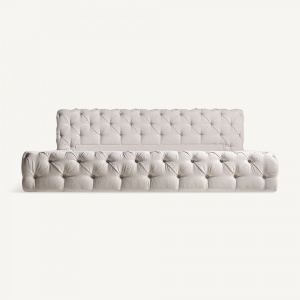 Pat bej deschis, din textil si lemn de pin, 248x227x89 cm, SANTORINI