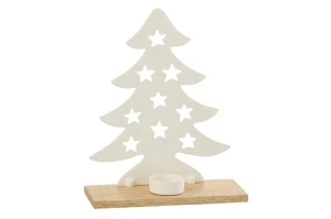 Suport pentru lumanare brad de Craciun, alb/natur, din lemn si metal, 25,5 cm