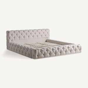 Pat bej deschis, din textil si lemn de pin, 248x227x89 cm, SANTORINI