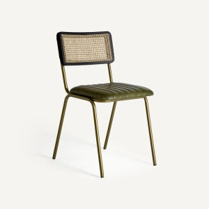 Scaun dining verde/auriu, din piele, fier și ratan, 44x49x79 cm, ALMSTOCK