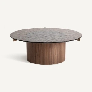Masa de cafea maro, rotunda, din placaj si cristal, 100x100x36 cm, GISWIL