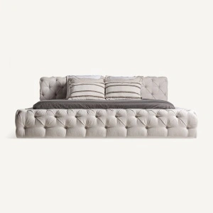 Pat bej deschis, din textil si lemn de pin, 248x227x89 cm, SANTORINI