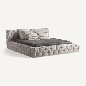Pat bej deschis, din textil si lemn de pin, 248x227x89 cm, SANTORINI