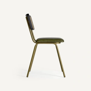 Scaun dining verde/auriu, din piele, fier și ratan, 44x49x79 cm, ALMSTOCK - Img 2