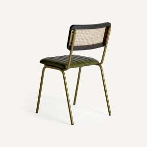Scaun dining verde/auriu, din piele, fier și ratan, 44x49x79 cm, ALMSTOCK - Img 3