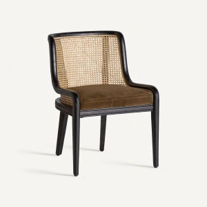 Scaun dining natur/negru, din ratan, catifea, lemn de arbore de cauciuc, 54x58x77 cm, VELBURG