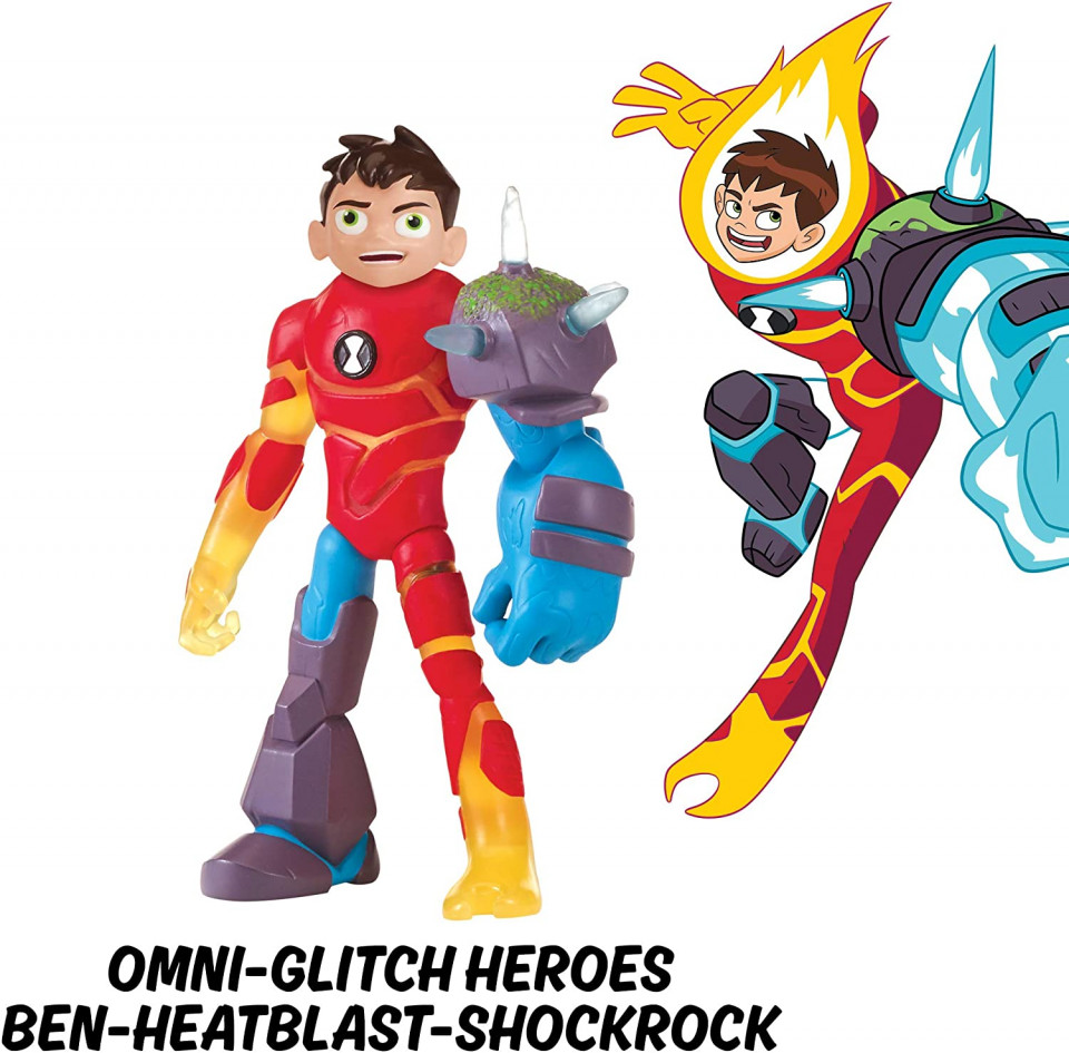 Figurina articulata Ben 10 Omni-Glitch Ben-Heatblast-Shock Rock