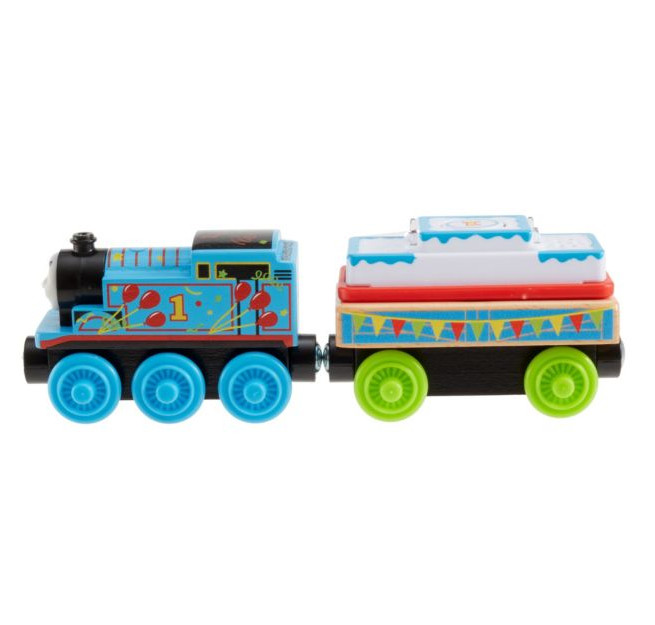Locomotiva din lemn cu vagon de impins Thomas & Friends Ziua lui Thomas cu sunete