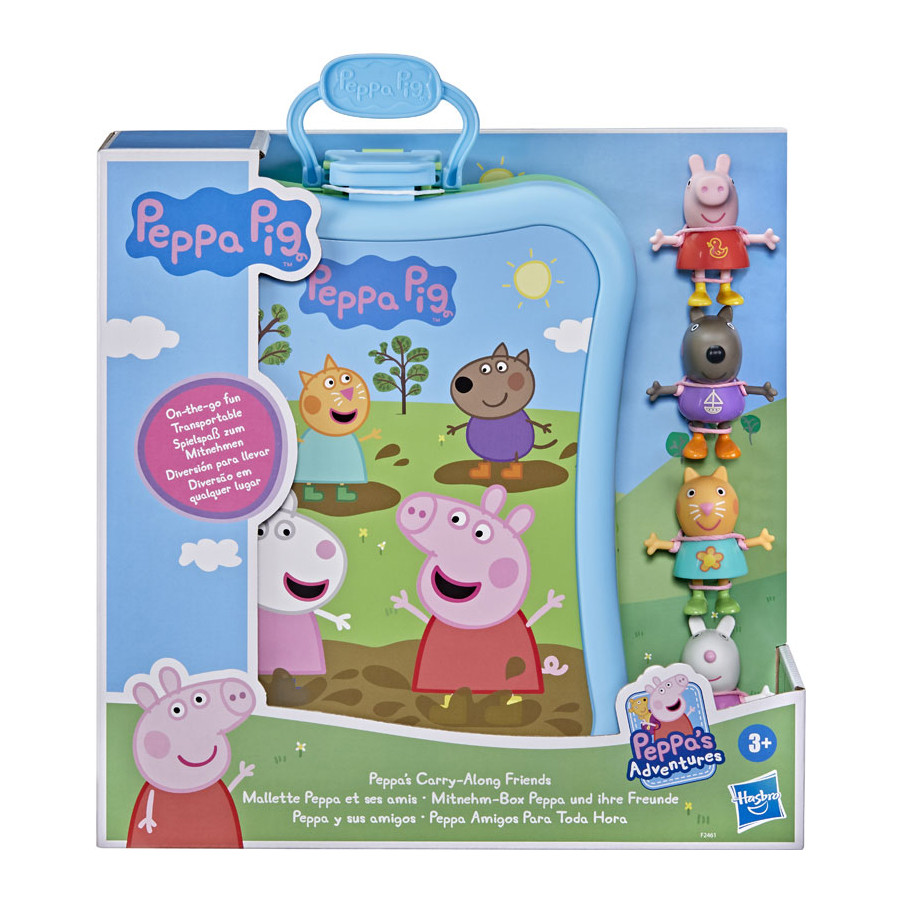Set figurine Peppa, Suzy, Danny si Candy Peppa Pig in cutie de transport