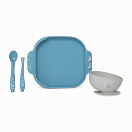 Set de masa 4 piese din silicon cu ventuza anti-alunecare pentru bebelusi albastru Little Forest Tuc Tuc