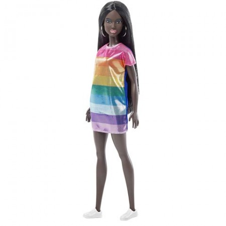 Papusa Barbie Fashionistas cu par negru si rochie multicolora