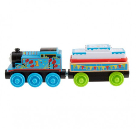 Locomotiva din lemn cu vagon de impins Thomas & Friends Ziua lui Thomas cu sunete