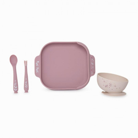 Set de masa 4 piese din silicon cu ventuza anti-alunecare pentru bebelusi roz Little Forest Tuc Tuc