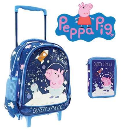 Set Gradinita Peppa Pig albastru: Ghiozdan troler si penar echipat