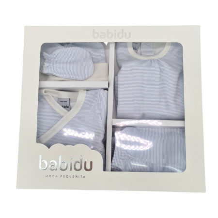 Set nou nascut 5 piese alb cu dungi bleu Babidu
