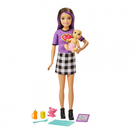 Papusa Barbie Skipper bruneta cu bebelus blond si accesorii