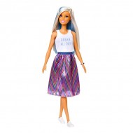 Papusa Barbie Fashionistas blonda cu suvite albastre in fusta colorata si tricou alb