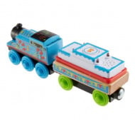 Locomotiva din lemn cu vagon de impins Thomas & Friends Ziua lui Thomas cu sunete