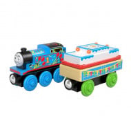 Locomotiva din lemn cu vagon de impins Thomas & Friends Ziua lui Thomas cu sunete