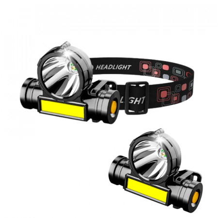 Lanterna Frontala Profesionala de Cap cu Led Puternic, Rezistenta la Apa, Reincarcabila prin USB si 3 Moduri de Lumina