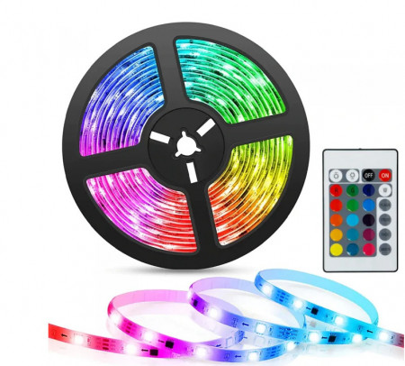 Banda LED multicolor, 5 metri, telecomanda si sursa de curent inclusa