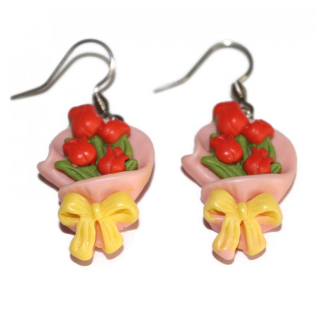 Cercei cu buchet de lalele rosii din rasina si accesorii din inox