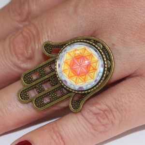 Inel cu Mandala Floarea Vietii si baza cu model Hamsa - Img 4