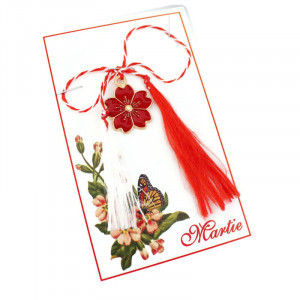 Martisor floricica rosie cu snur si cartonas