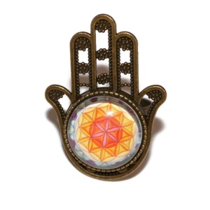 Inel cu Mandala Floarea Vietii si baza cu model Hamsa
