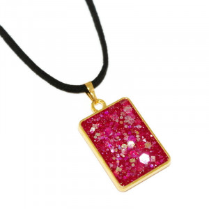 Pandantiv handmade rasina dreptunghiular roz sclipicios