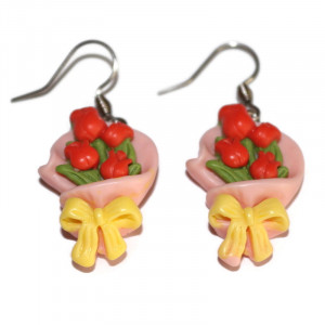 Cercei cu buchet de lalele rosii din rasina si accesorii din inox