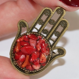 Inel cu pietricele de coral si baza cu model Hamsa - Img 4