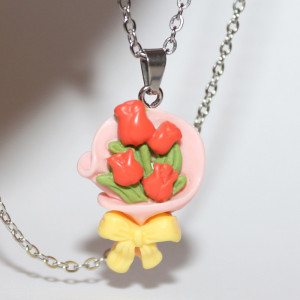 Colier cu pandantiv Buchet de Lalele rosii si accesorii din inox - Img 2