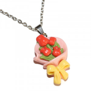 Colier cu pandantiv Buchet de Lalele rosii si accesorii din inox - Img 3