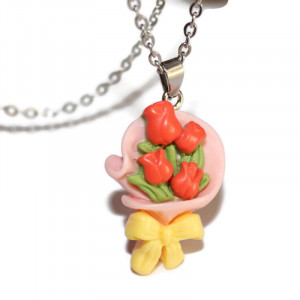 Colier cu pandantiv Buchet de Lalele rosii si accesorii din inox