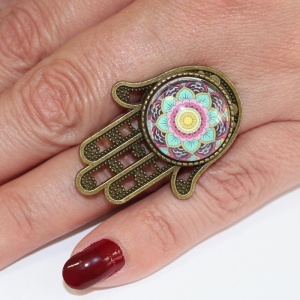 Inel cu Mandala Bucuriei si baza cu model Hamsa - Img 3