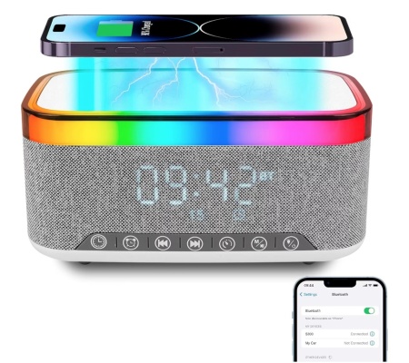 Ceas Digital Decorativ Multifunctional cu Boxa Bluetooth, Incarcare Wireless, Electronic Alarma, RGB Lumina Nocturna, 13 Culori Reglabile, 1200 mAh - Ideal pentru Dormitor, Living, Bedside, Camping