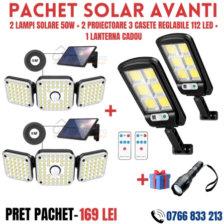 PACHET PROMO 2 X PROIECTOR 3 PANOURI REGLABILE 112 LED+2LAMPI 50W + LANTERNA CADOU