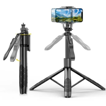 Selfie stick / Trepied Foto Telescopic Profesional 4D, pentru telefon, camera foto, Action Camera / GoPro cu telecomanda Bluetooth, balance shot, universal, reglabil, inaltime 34-153cm cu tija din aluminiu, negru