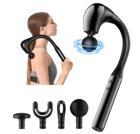 Aparat de masaj cu puls, Maner extins, Design ergonomic, Cu functie de cronometru, 5 nivele de intensitate, Motor fara perii, 4 capete de masaj, Ameliorarea durerii, Relaxare musculara, Potrivit pentru mai multe parti ale corpului, Type-C, Negru