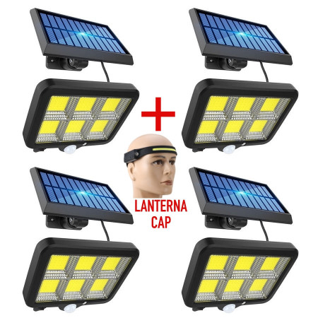 Set 4 proiectoare solare cu senzor de miscare 120 led + LANTERNA CAP CU SENZOR