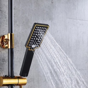 Coloana de Dus, Set de Dus Cu 4 Functii si Para Cu Efect Ploaie, Corp Din Alama Rezistenta, Montare Pe Perete, Design Elegant Cu Detalii Rafinate, Stil Modern Pentru Baie Contemporana, Negru/Auriu - Img 5