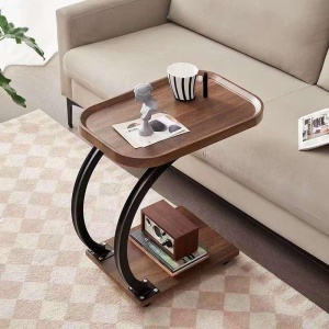 Masuta de cafea pentru living, design nordic in formă de C, cu 2 niveluri, pe roți 52x34x60cm - Img 1