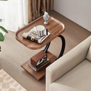 Masuta de cafea pentru living, design nordic in formă de C, cu 2 niveluri, pe roți 52x34x60cm - Img 4