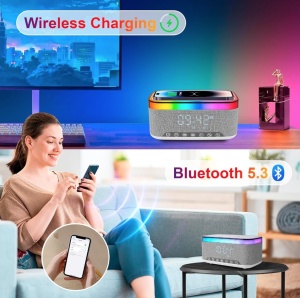 Ceas Digital Decorativ Multifunctional cu Boxa Bluetooth, Incarcare Wireless, Electronic Alarma, RGB Lumina Nocturna, 13 Culori Reglabile, 1200 mAh - Ideal pentru Dormitor, Living, Bedside, Camping - Img 5