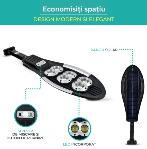 Set 2 Lampi Solare Stradale cu Telecomanda 2000W , 156 LED 6 COB, cu Senzori de Amurg, Miscare si Lumina, IP65 Wateproof, 3 Moduri Functionare, Brat de Montare Inclus, Negru - Img 2