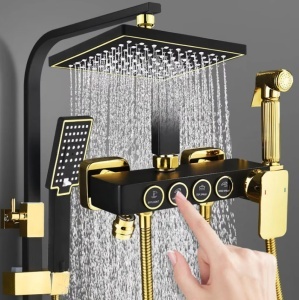 Coloana de Dus, Set de Dus Cu 4 Functii si Para Cu Efect Ploaie, Corp Din Alama Rezistenta, Montare Pe Perete, Design Elegant Cu Detalii Rafinate, Stil Modern Pentru Baie Contemporana, Negru/Auriu