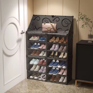 Pantofar modular 12 rafturi, negru , organizator incaltaminte cu usi, 85x31x96 cm, usi triple