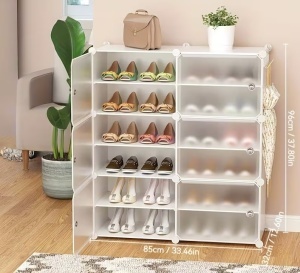 Pantofar modular 12 rafturi, organizator incaltaminte cu usi, 85x31x96 cm, alb, usi duble - Img 5